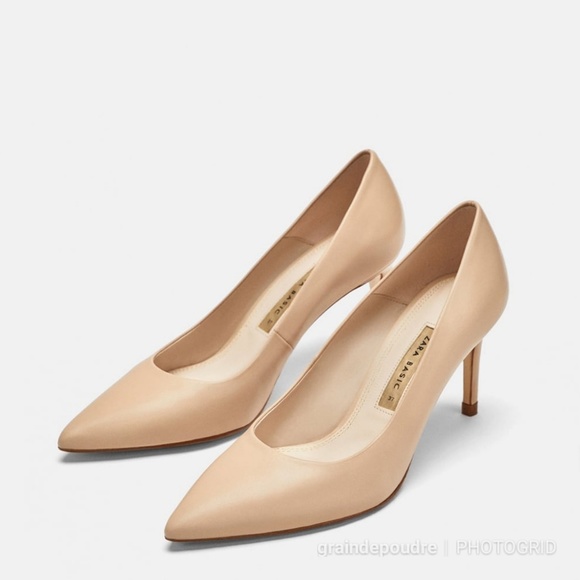 Zara Nude Leather Midi Court Shoes Pumps 37 6.5 - Picture 2 of 5